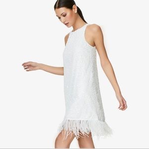 Halter Sequin Trapeze Dress With Feather Trim